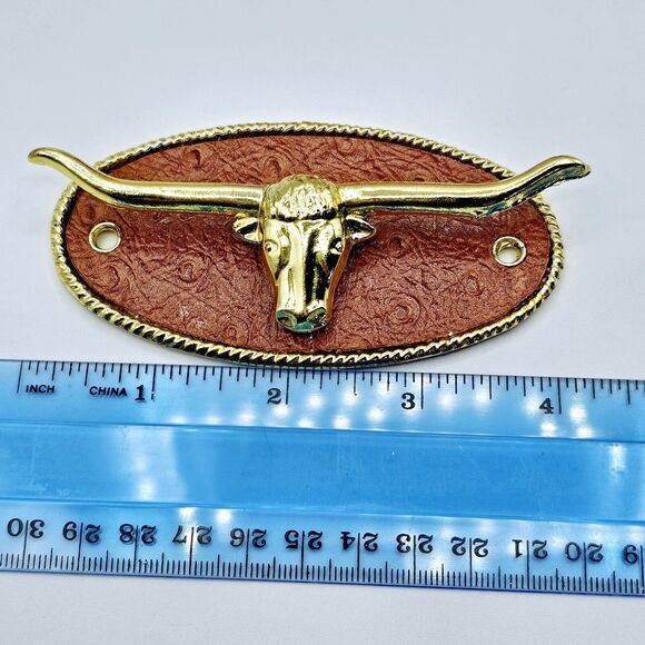 Belt Hanger Vintage Texas Longhorn Steer Brown Leather Gold Tone Holds 12 Belts - Picture 5 of 10